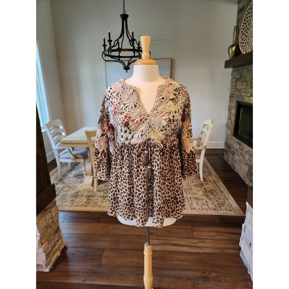 NJ‎ Couture Bohemian People Boho Lace Leopard Floral Tassel Top Size S/M Baydoll